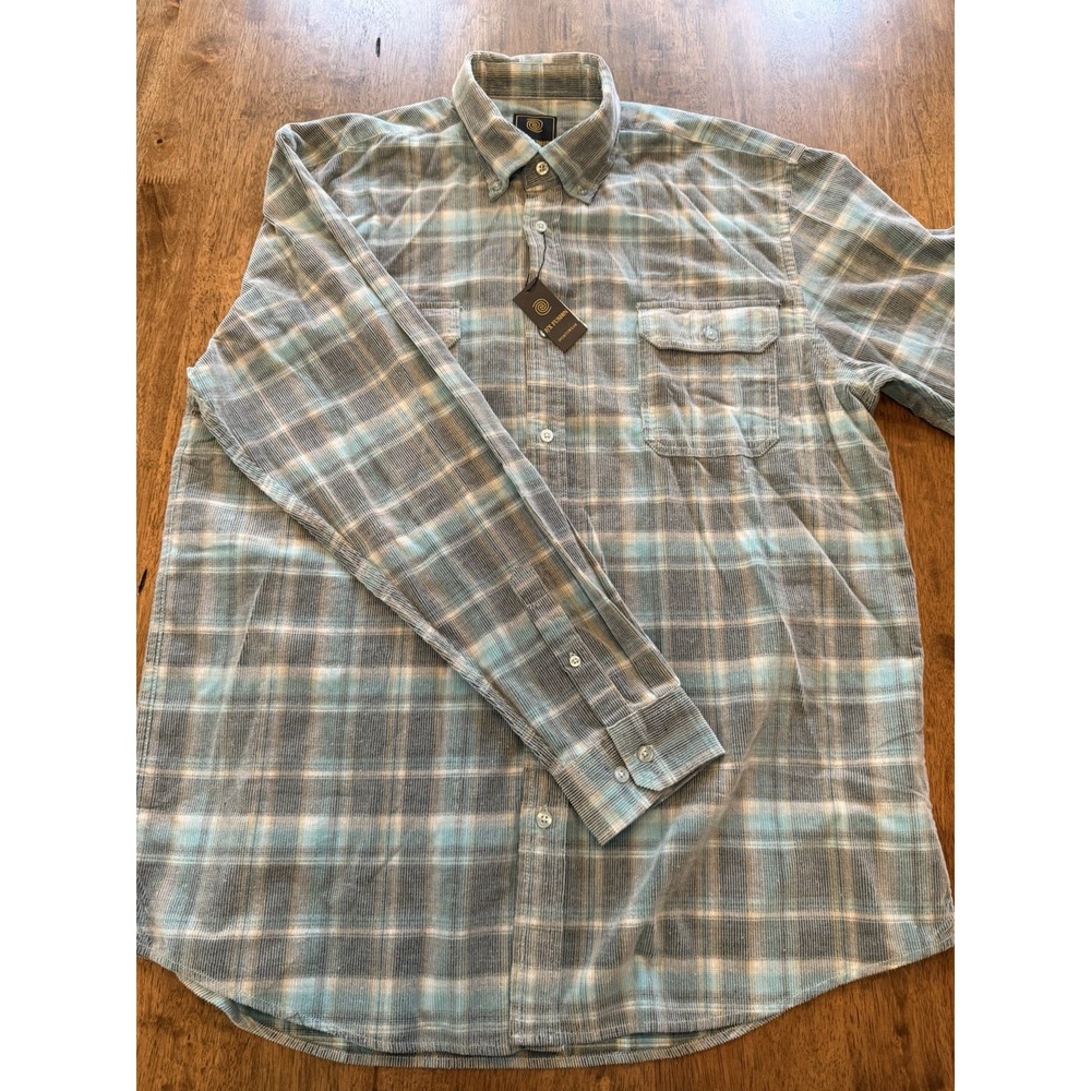 F/X Fusion Men's XL Blue Gray Plaid Corduroy Cotton Button-Down Pockets